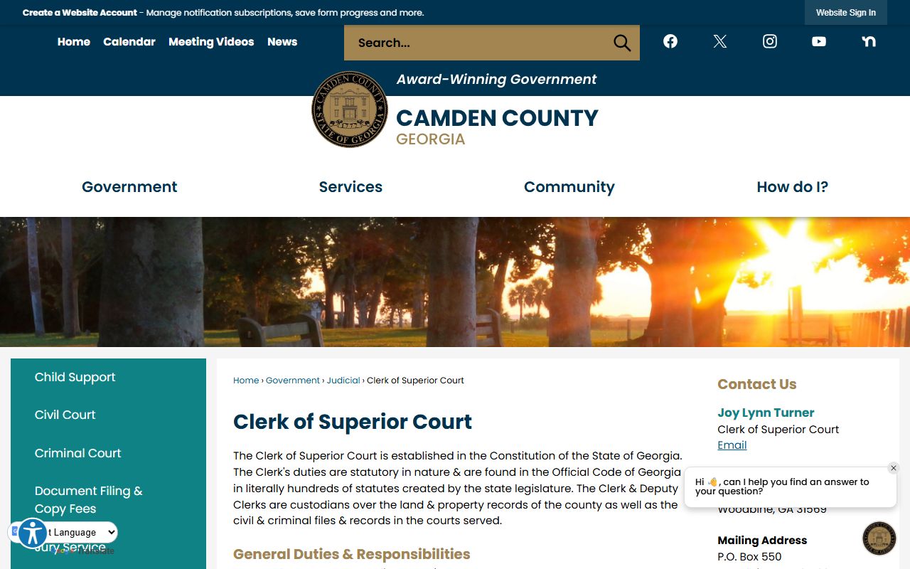 Camden County Superior Court clerk services page including divorce records