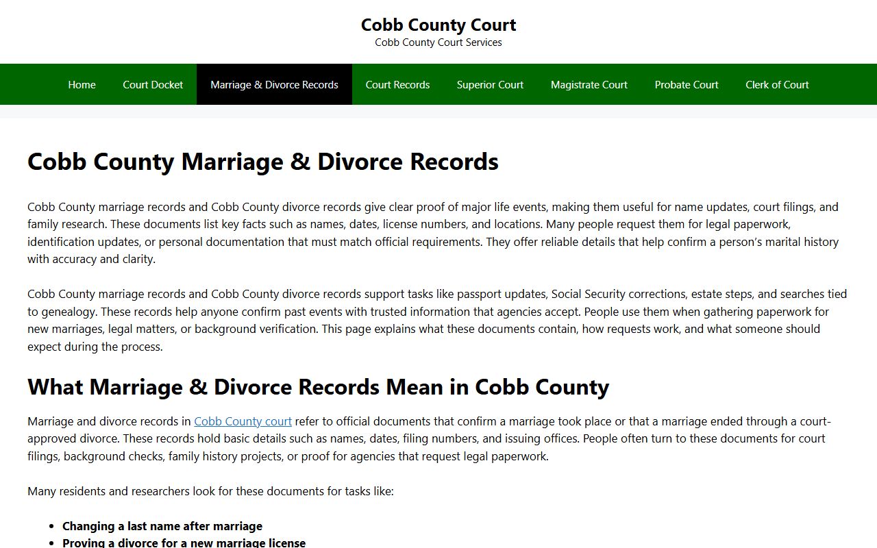 Cobb County courts website showing divorce and marriage records access information
