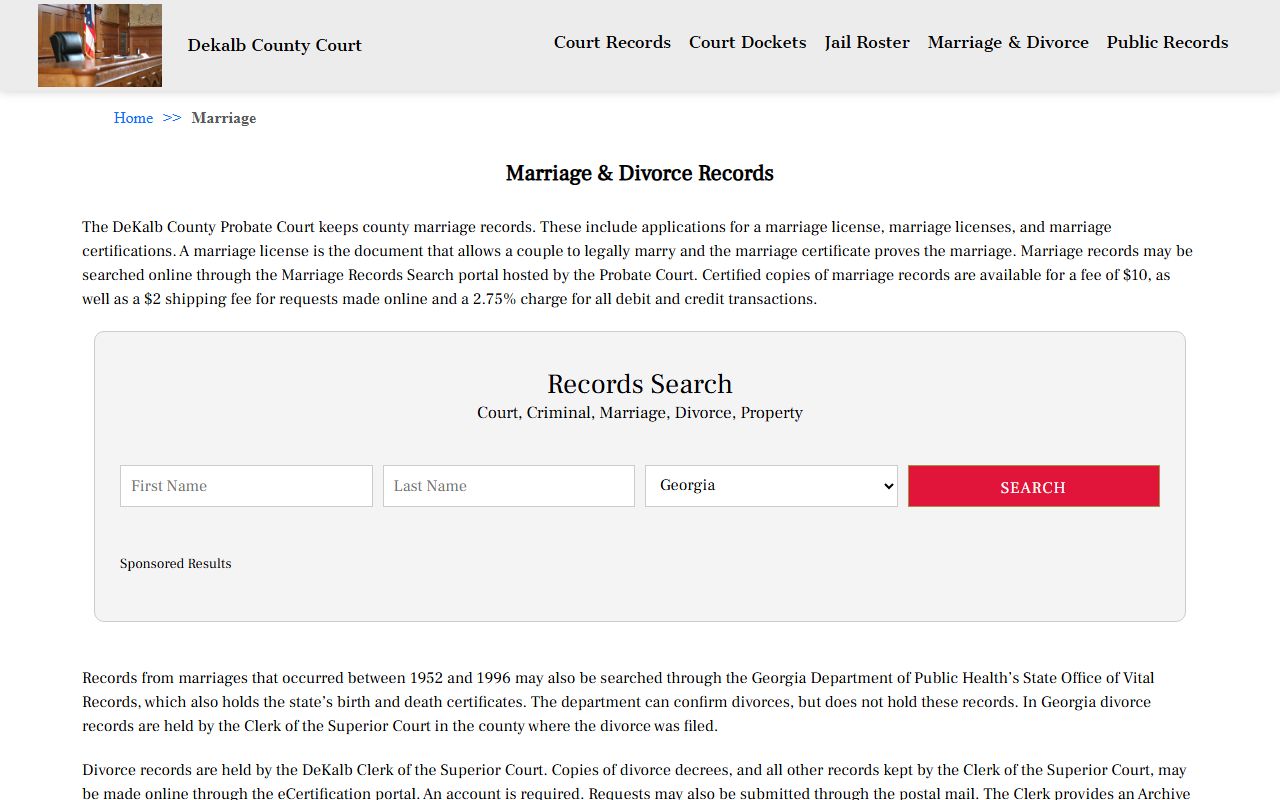 DeKalb County Court marriage and divorce records search page